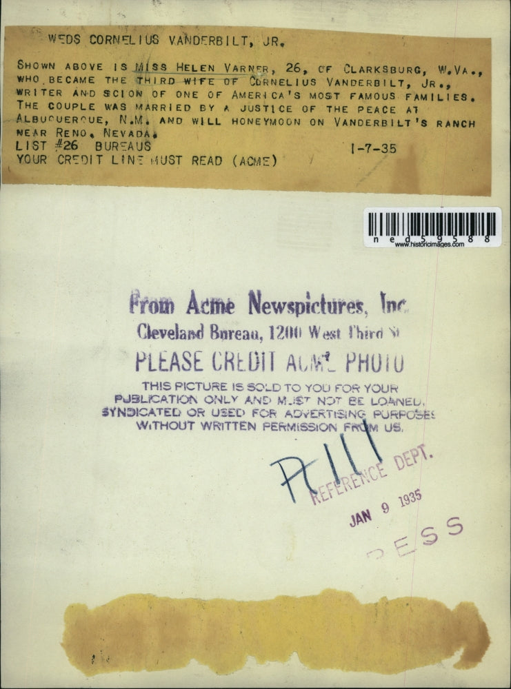1935 Press Photo Writer, Miss Helen Varner, weds Cornelius Vanderbilt, Jr.