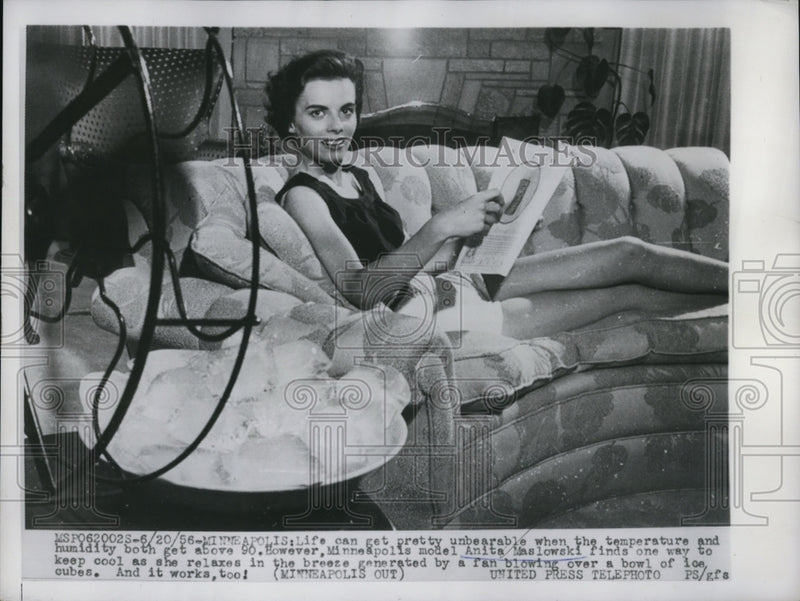 Load image into Gallery viewer, 1956 Press Photo Anita Maslowski, Minn. Model relaxed by a fan blowing with ice
