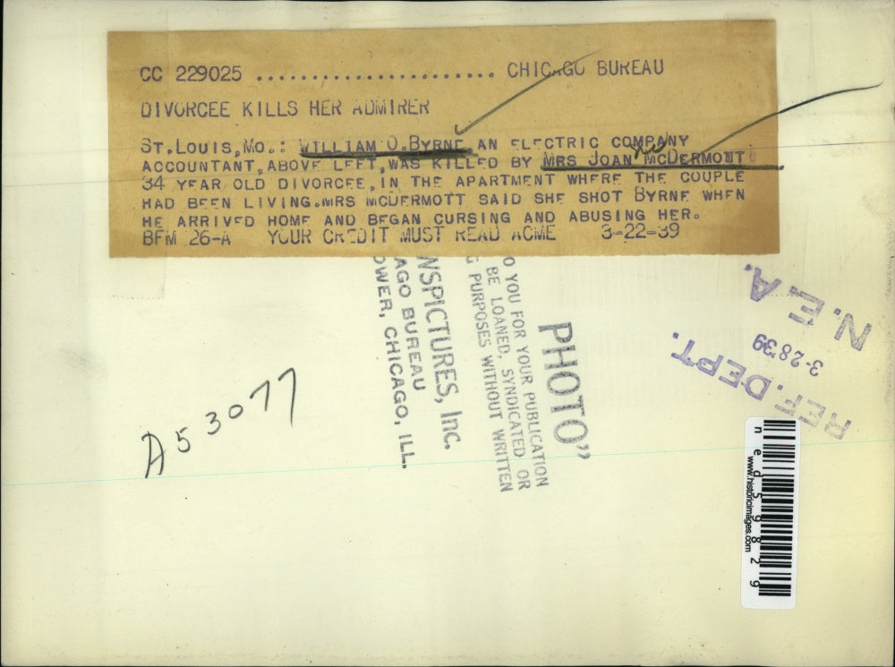 1939 Press Photo William Byrne was killed by Mrs. Joan McDermont