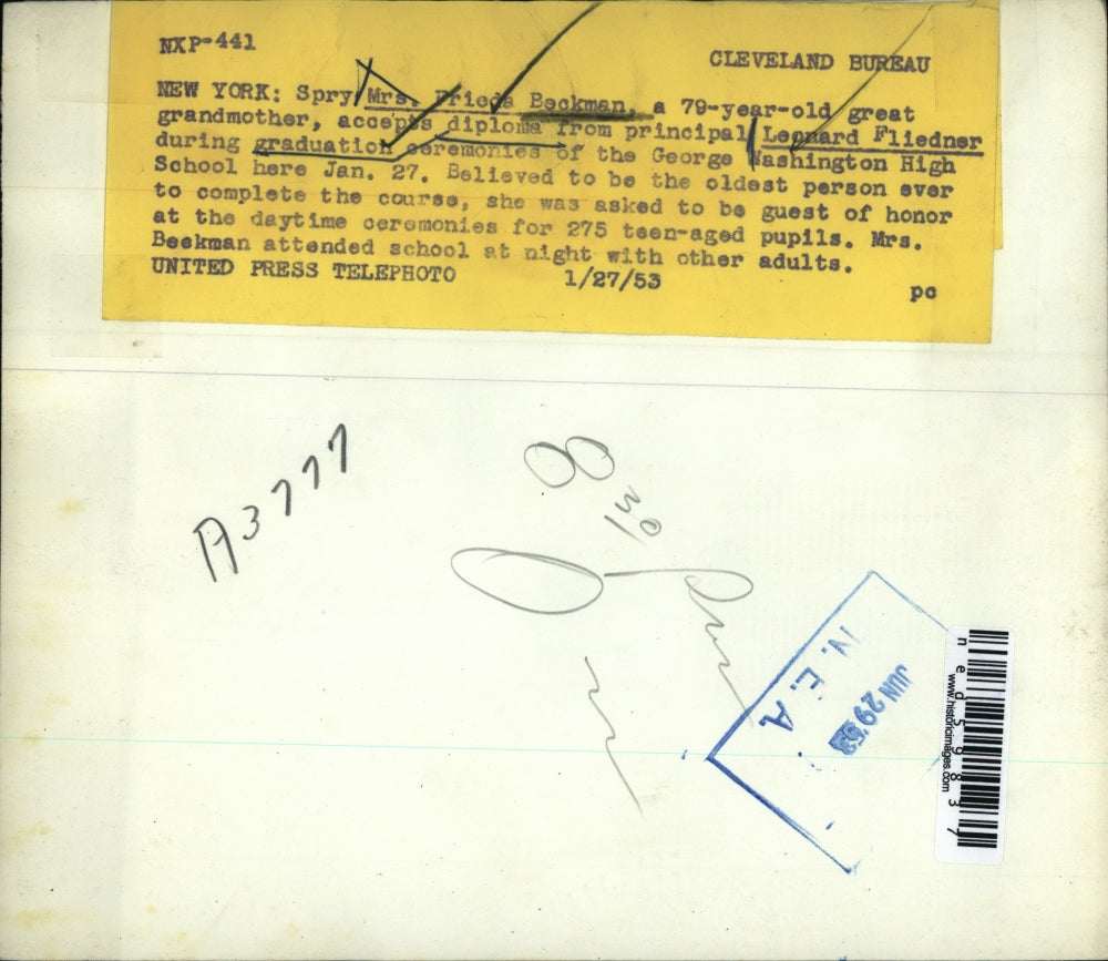 1953 Press Photo Mrs. Frieda Beckman graduates from George Washington High.