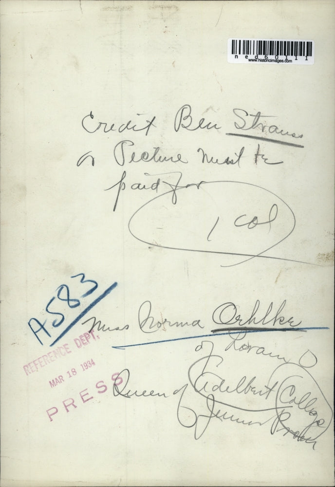 1934 Press Photo Norma Orhlke Queen of Adelburt College Junior Prom