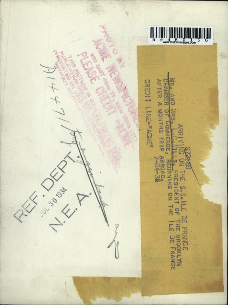 1934 Press Photo Chamber of Commerce Mr & Mrs LC Wills, on SS Ile de France