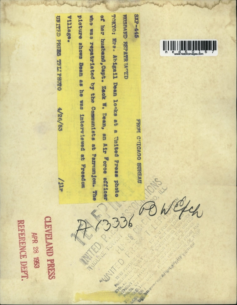 1953 Press Photo Communists Repatriated Capt. Zach W. Dean