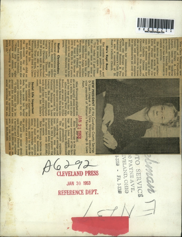 1953 Press Photo of Clara Westopp Executive VP of Cuyahoga County Savings & Loan