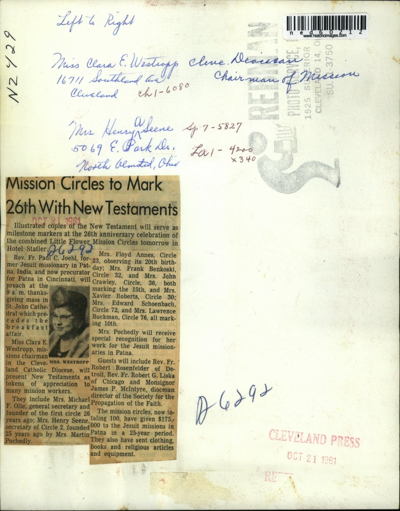 1961 Press Photo of Miss Clara E. Westropp and Mrs. Henry Seene