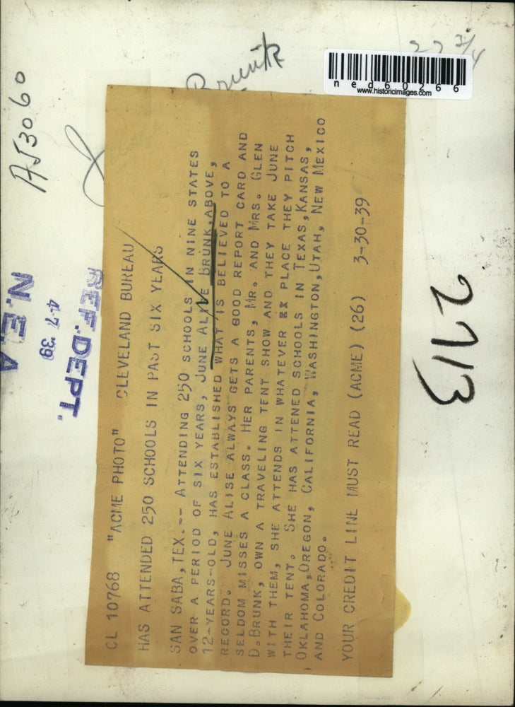 1939 Press Photo June Alice Brunk Attends 250 Schools in 9 States in 6 Years