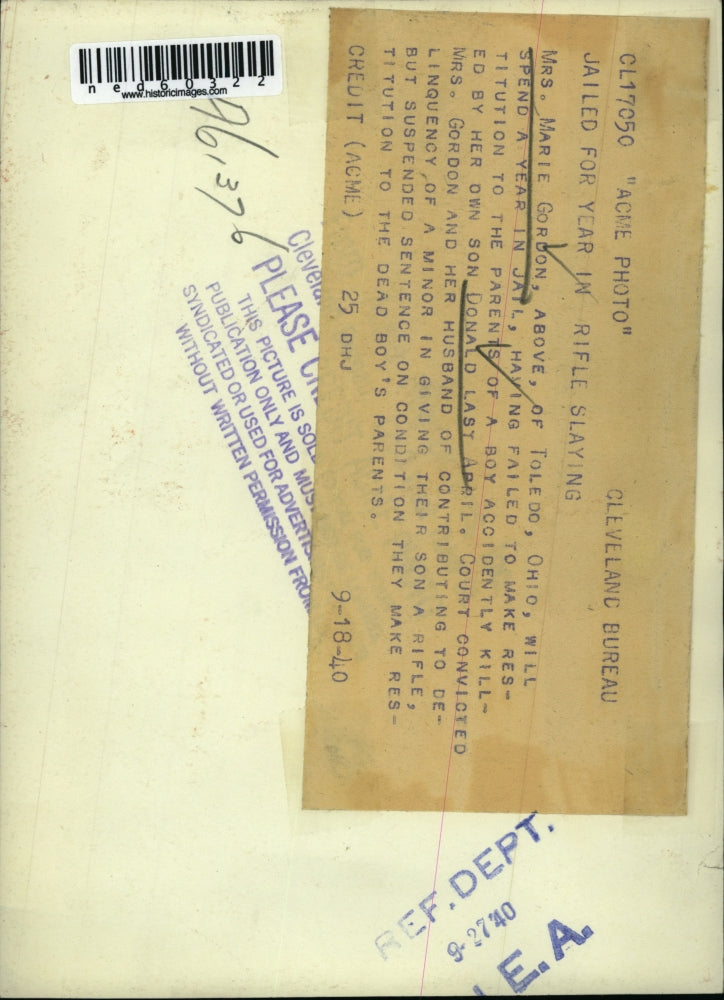 1940 Press Photo Mrs marie Gordon Toledo Ohio jailed for delinquency of minor