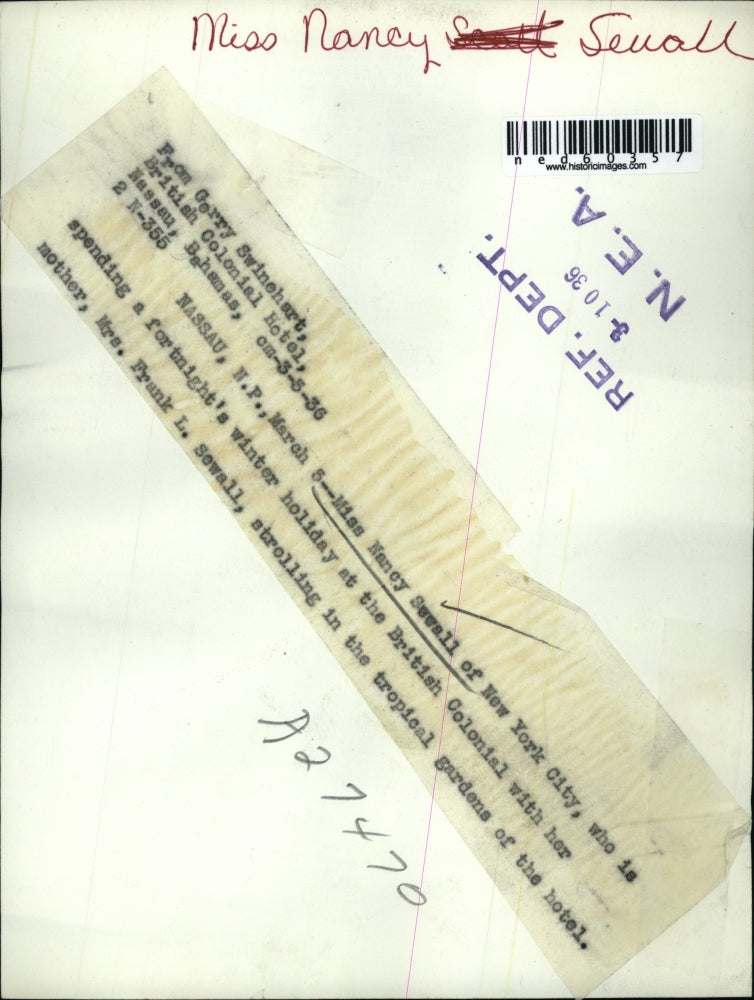 1936 Press Photo Nancy Sewall of NYC who is spending a holiday at the British