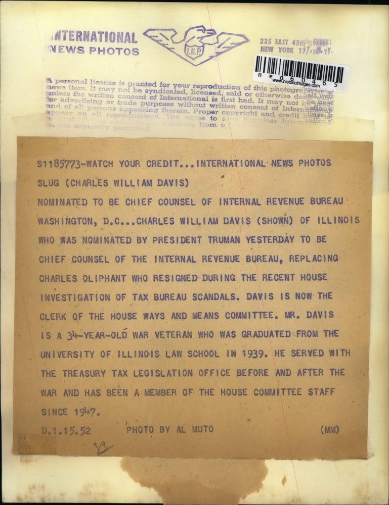 1952 Press Photo Washington DC Charles WIlliam Davis was nominated by President