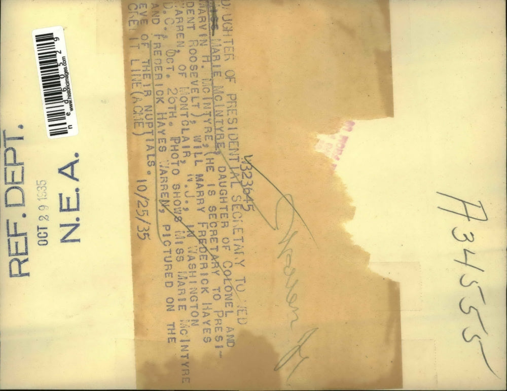 1935 Press Photo Marie McIntyre & fiance Frederick H Warren to wed tomorrow