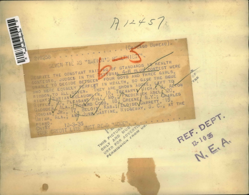 1935 Press Photo 4-H Club M McLaughlin, JA Riffle, F Abel,H Cobb, C Jordan Jr