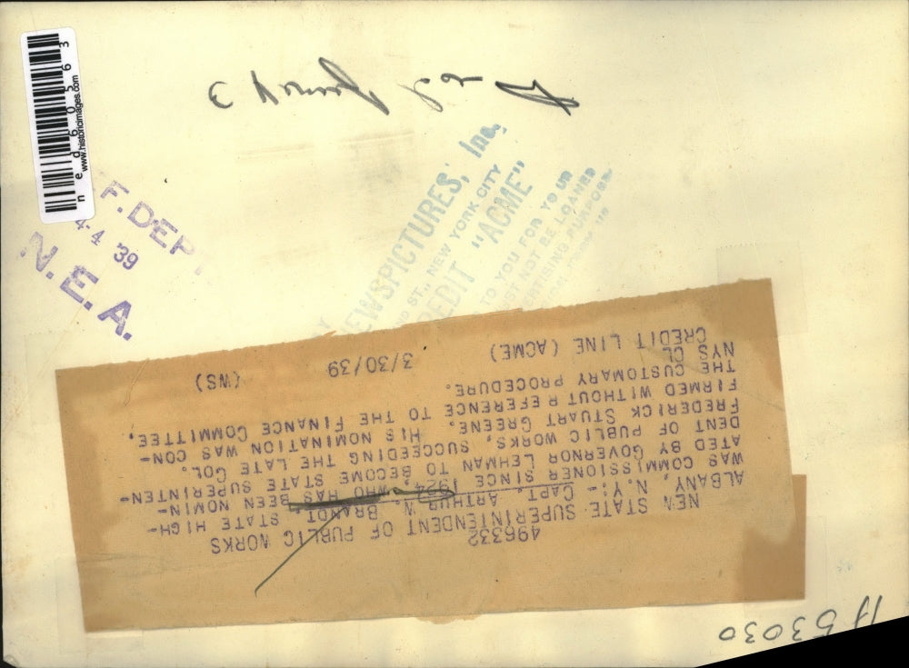 1939 Press Photo Albany NY Capt Arthur BrandtState Supt of Public Worls