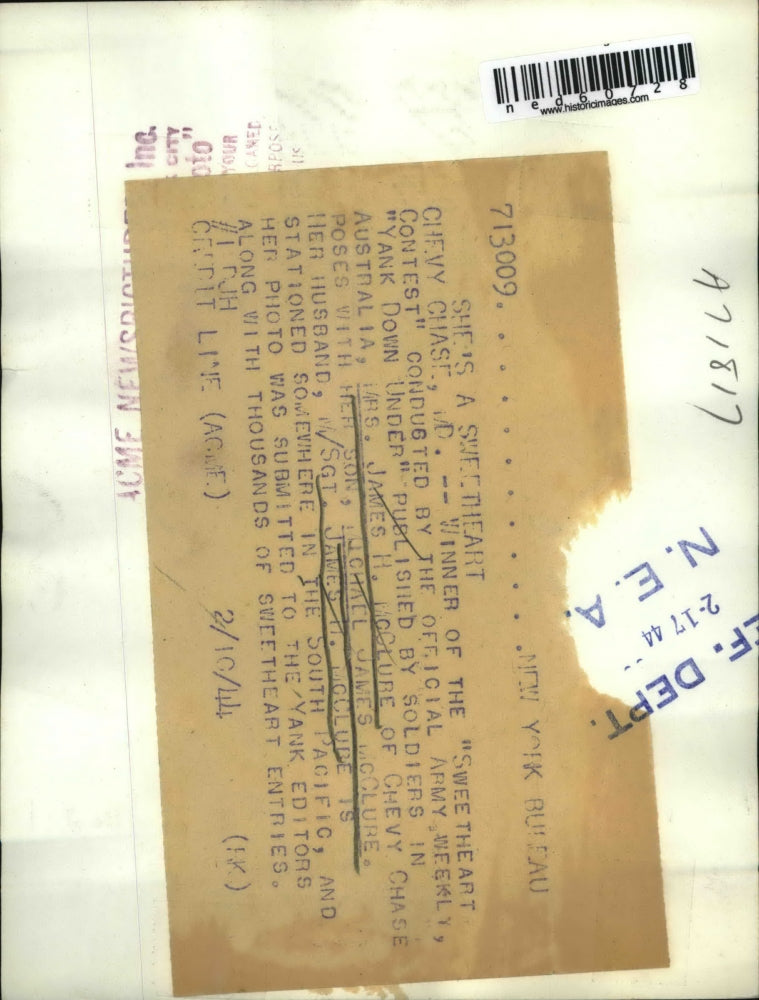 1944 Press Photo Mrs James H McClure Wins Yank Down Under Sweetheart Contest