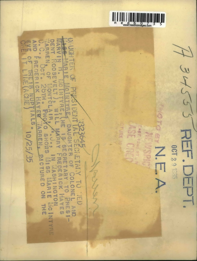 1935 Press Photo Marie McIntyre will marry Frederick Hayes Warren on 10/26 in