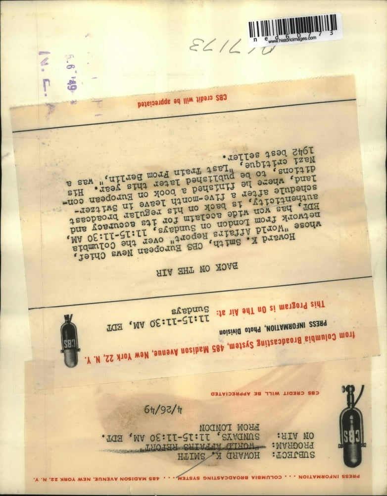 1949 Press Photo Howard K Smith on CBS World Affairs Report