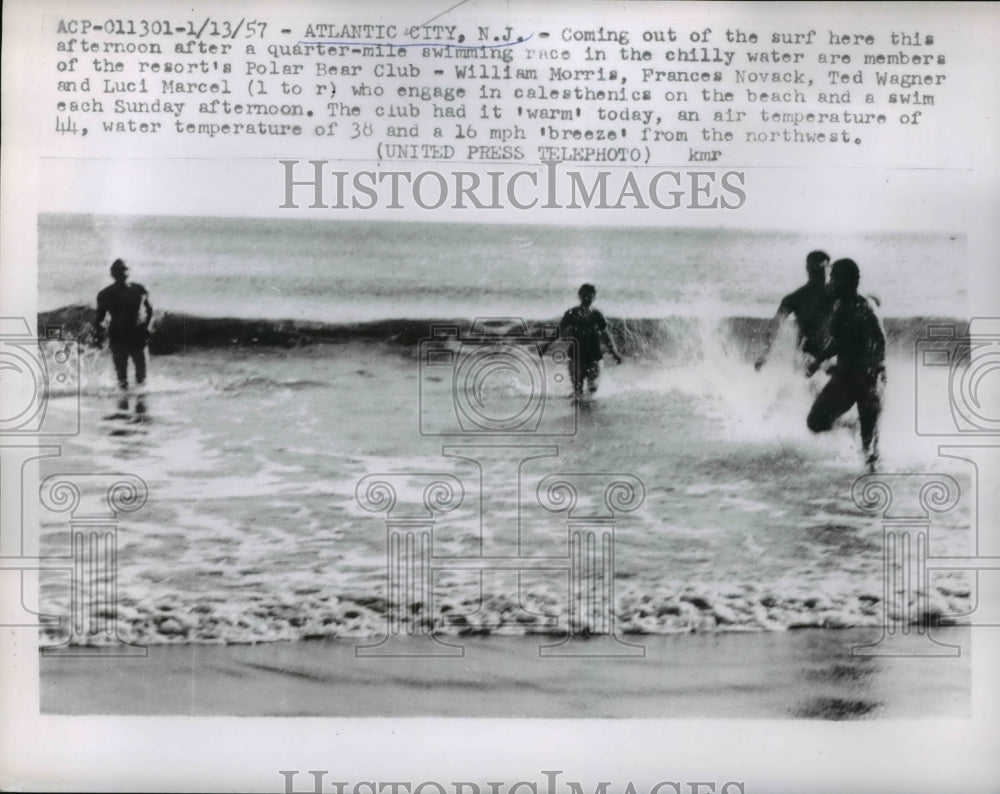 1957 Press Photo Atlantic City NJ Polar Bear club swim , Wm Morris,F Novack