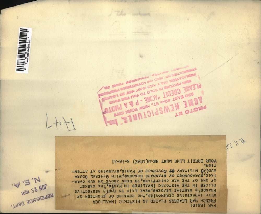 1931 Press Photo French War Leaders Laid in Historic Invalides, Paris France