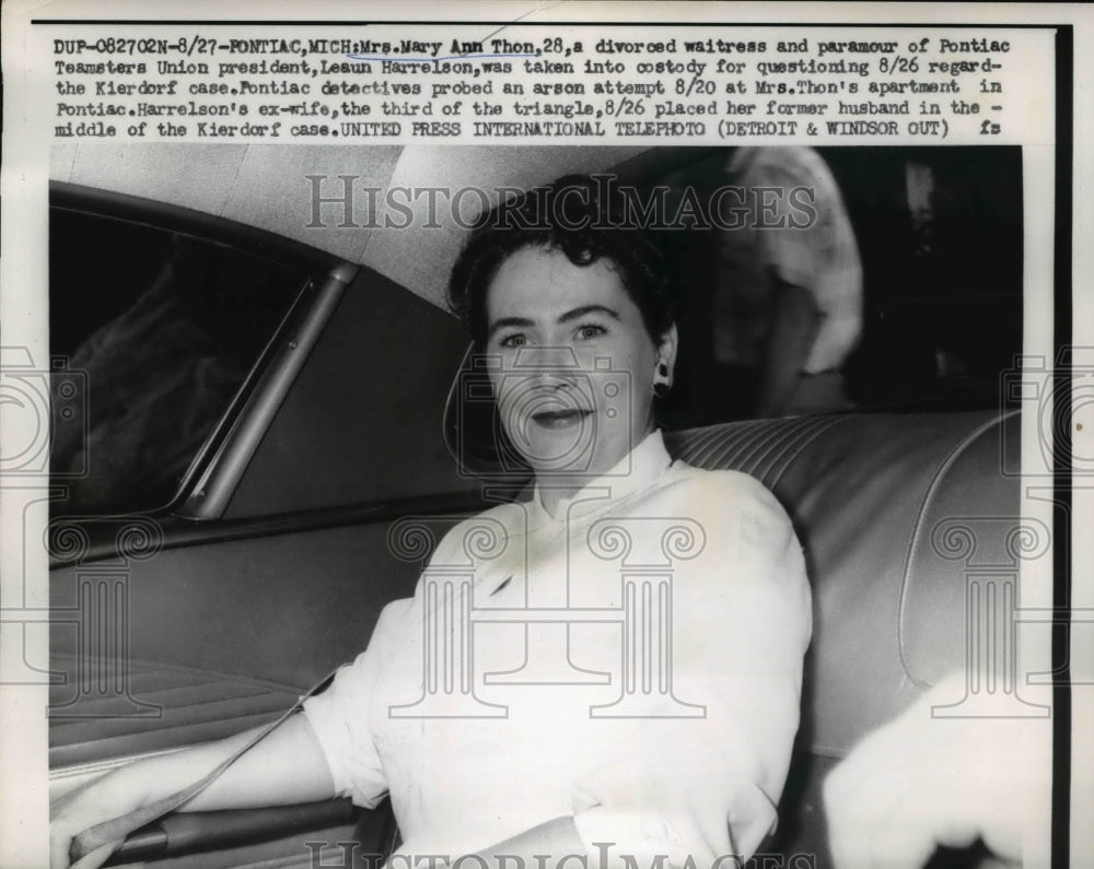 1958 Press Photo Mary Ann Thon, Leaun Harrelson Mistress, Kierdorf Case Suspect