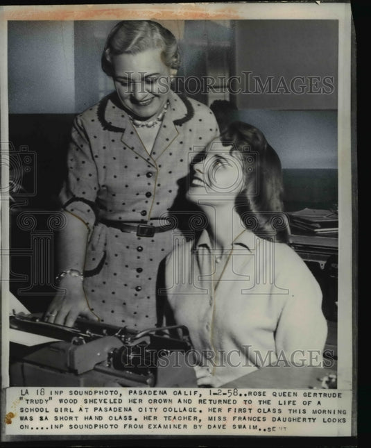 1958 Press Photo Rose Queen Gertrude "Trudy" Wood returns to school