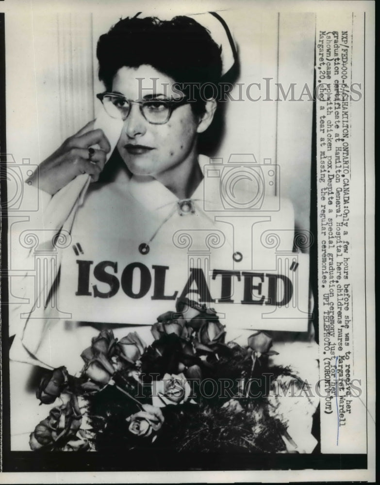 Load image into Gallery viewer, 1958 Press Photo Nurse Margaret Wardell Has Chicken Pox on Graduation Day
