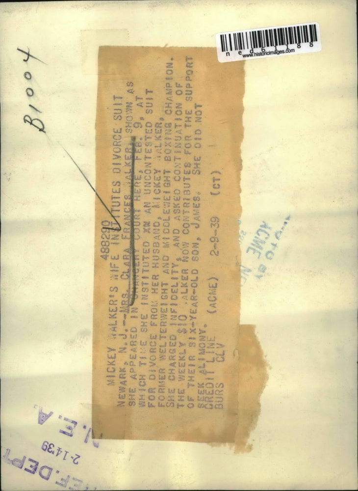 1939 Press Photo Clara F Walker institutes divorce suit to husband Mickey Walker