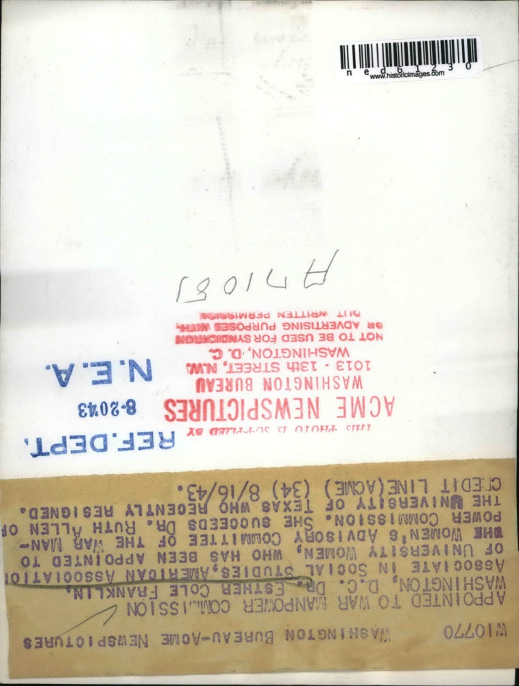 1943 Press Photo Dr. Esther Cole Franklin appointed Women's Advisory Committee