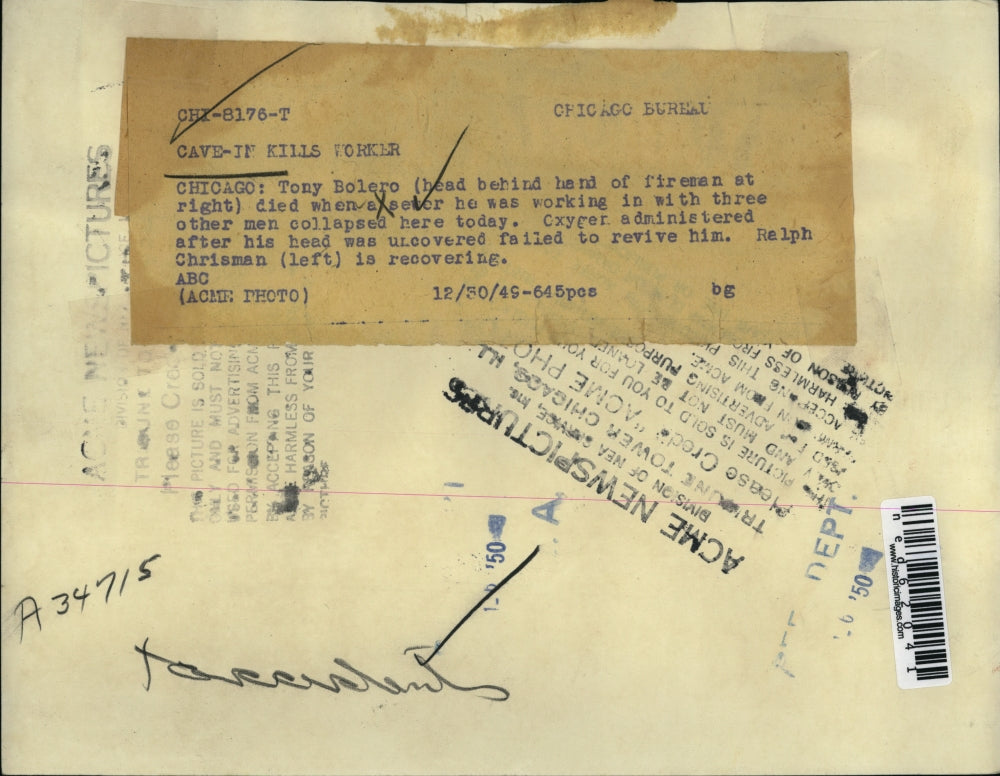 1949 Press Photo Chicago Tony Bolero died when sewer collapsed on him