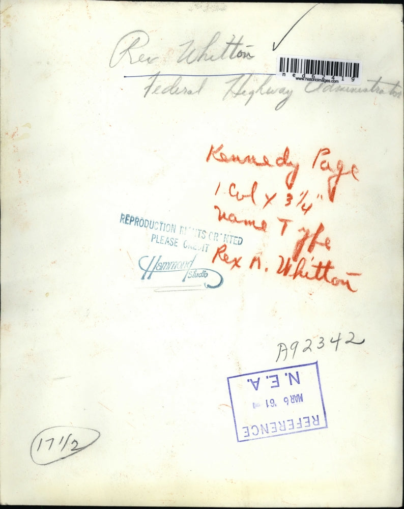 1961 Press Photo Rex Whitton Federal Highway Administrator