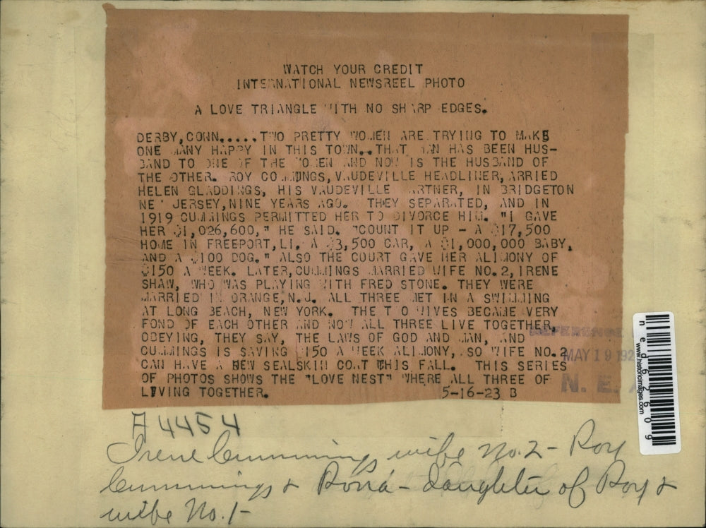 1923 Press Photo Roy Cummings Love Nest with wife No 2 and daughter from wife 1