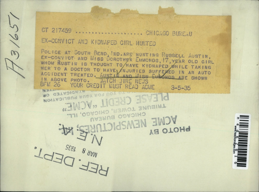 1935 Press Photo Police hunting Russell Austin ex-convict and Dorothea Emmonds