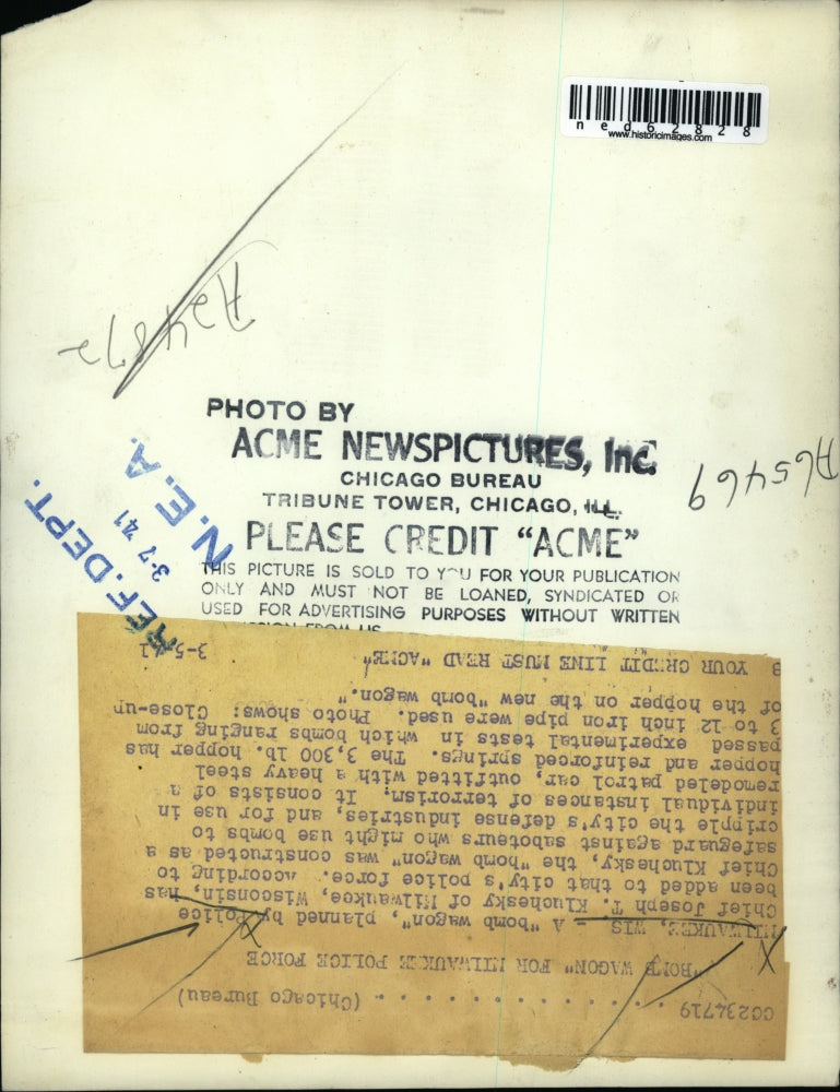 1941 Press Photo Bomb Wagon, Police's Safeguard Against Sabotuers