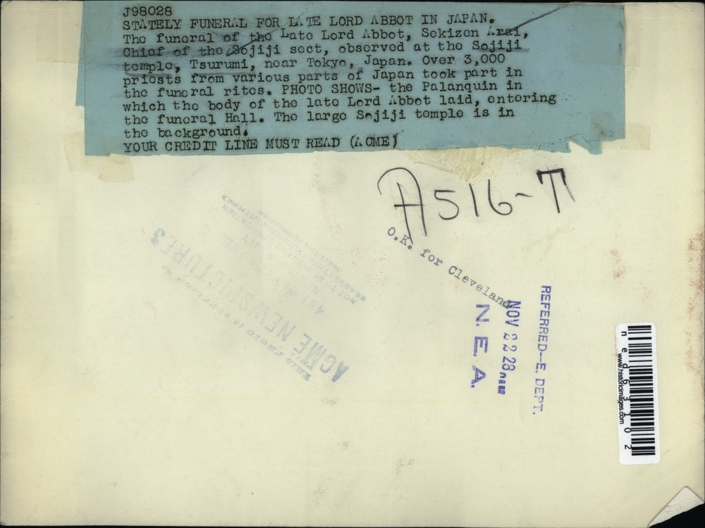 1928 Press Photo Funeral of Lord Abbot at the Sojiji Temple in Tsurumi