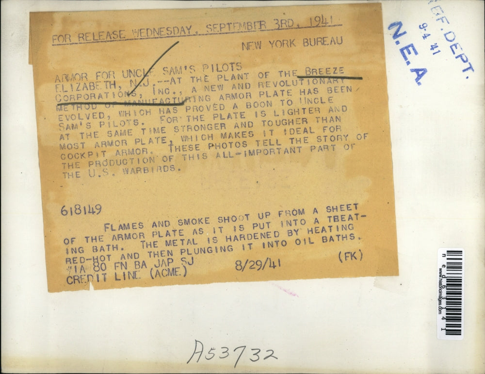 1941 Press Photo New Method of Manufacturing Armor Plate of Breeze Corporations