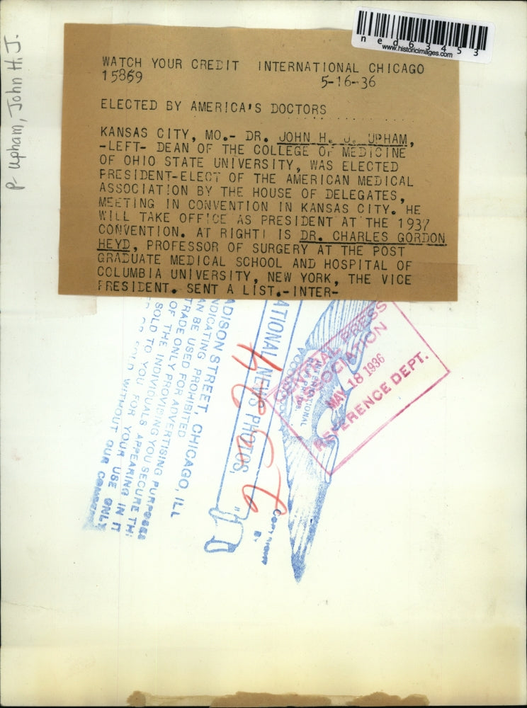 1936 Press Photo Dr. H. J. Upham And Dr. Charles Gordon Heyd