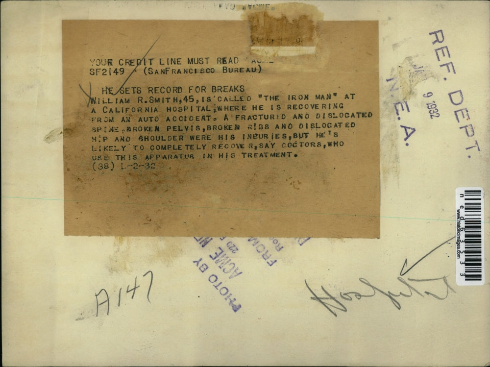 1932 Press Photo William R. Smith Recovering in Hospital, Record Bones Broken