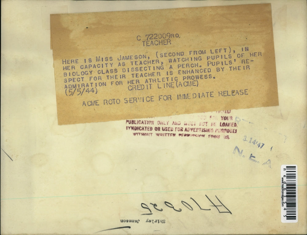 1944 Press Photo Biology Teacher Shirley Jameson, Students Dissecting Perch