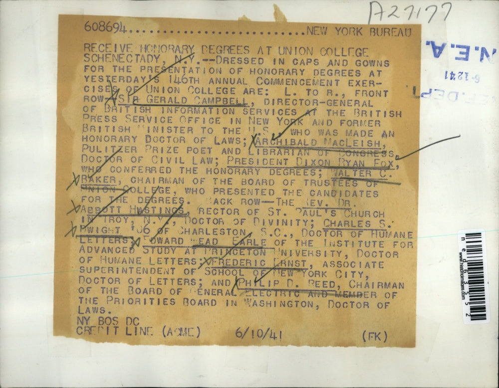 1941 Press Photo Honorary Degrees at the annual commencement of Union College