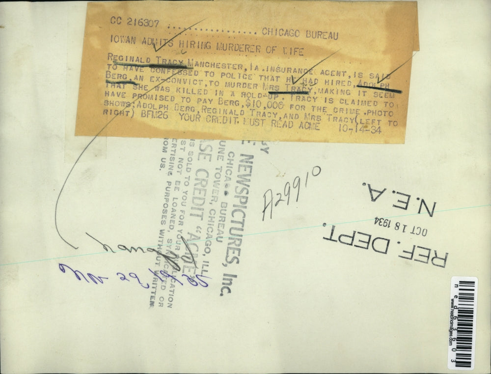 1934 Press Photo Reginald Tracy Manchester Murder Confession