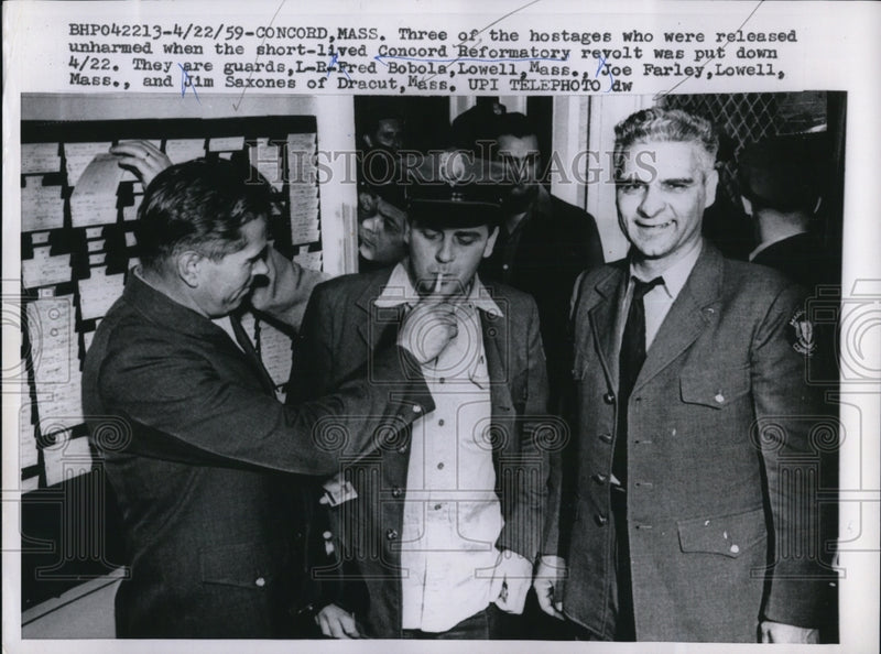 Load image into Gallery viewer, 1959 Press Photo Three of the hostages unharmed at Concord Reformatory revolt
