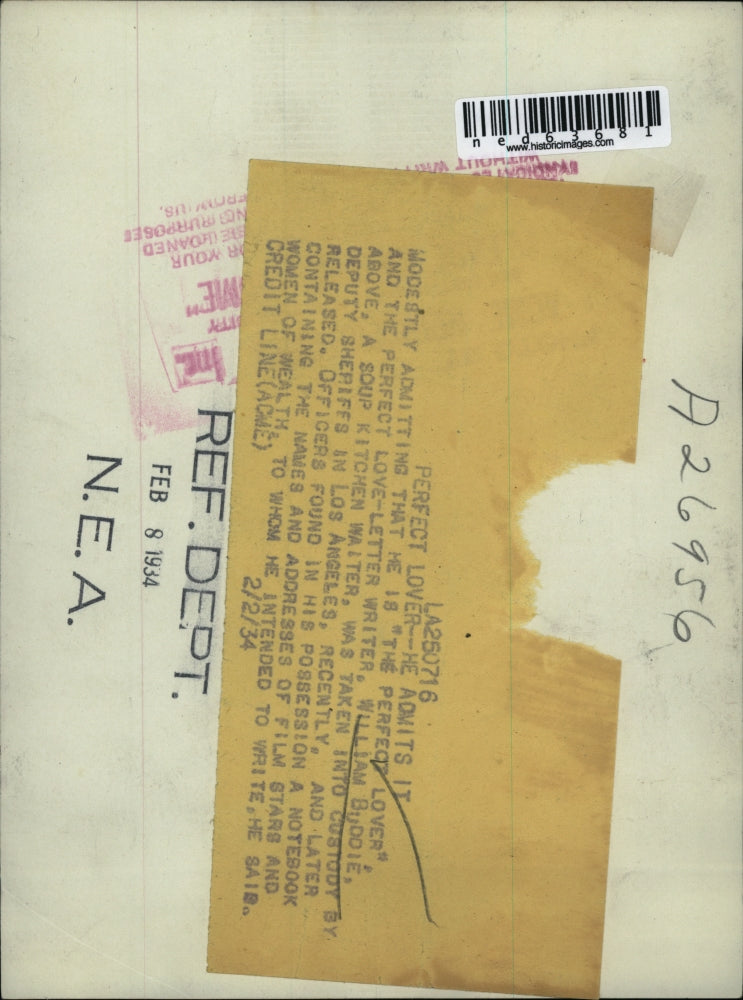 1934 Press Photo William Buddie, soup kitchen waiter was arrested by police