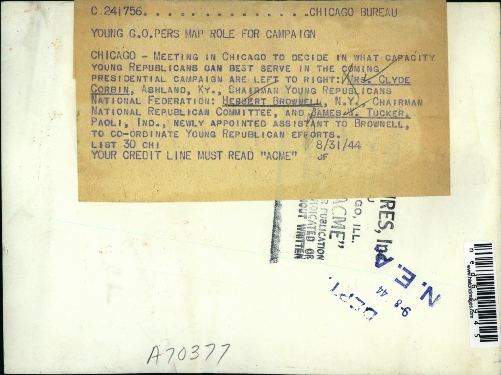 1944 Press Photo Mrs. Clyde Corbin, Herbert Brownell and James Tucker