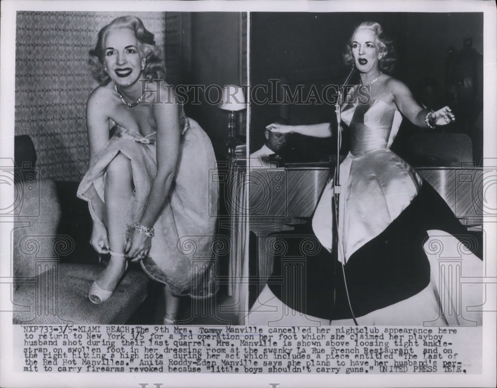1954 Press Photo Mrs. Tommy Manville cancelled night club appearance