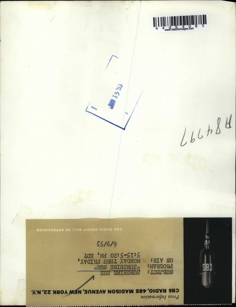 1953 Press Photo Sunshine Sue for Sunshine Sue