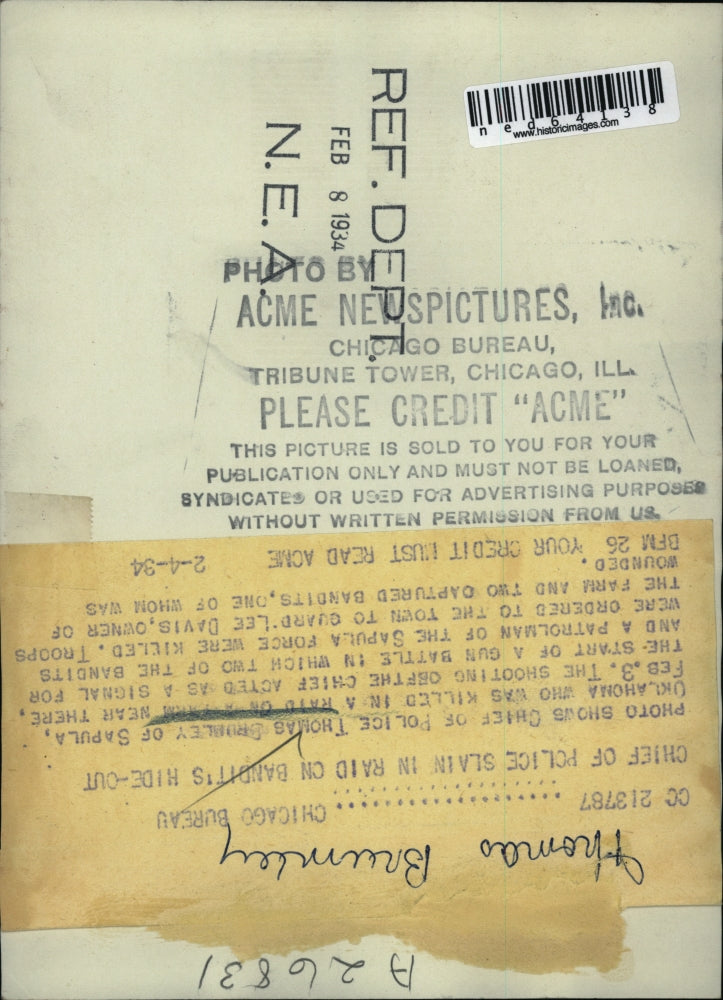 1934 Press Photo Chief of Police Thomas Brumley killed in a raid