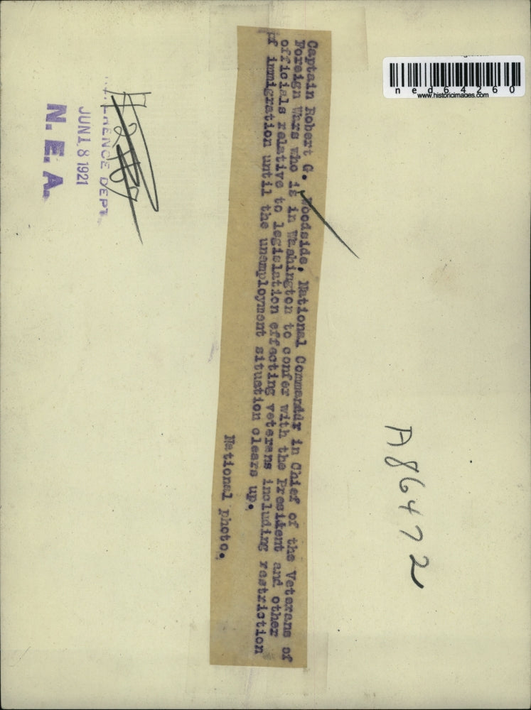 1921 Press Photo Capt Robert G Woodside National Commander Chief of Veterans