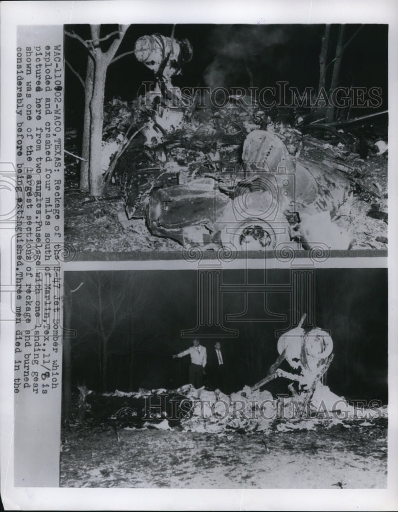 1955 Press Photo The wreckage of the B47 Jet Bomber where three men died