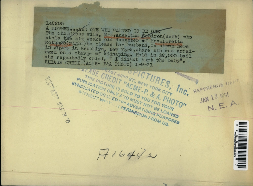 1931 Press Photo Mrs Angelina Schiron who stole 6 week old daughter of Mrs