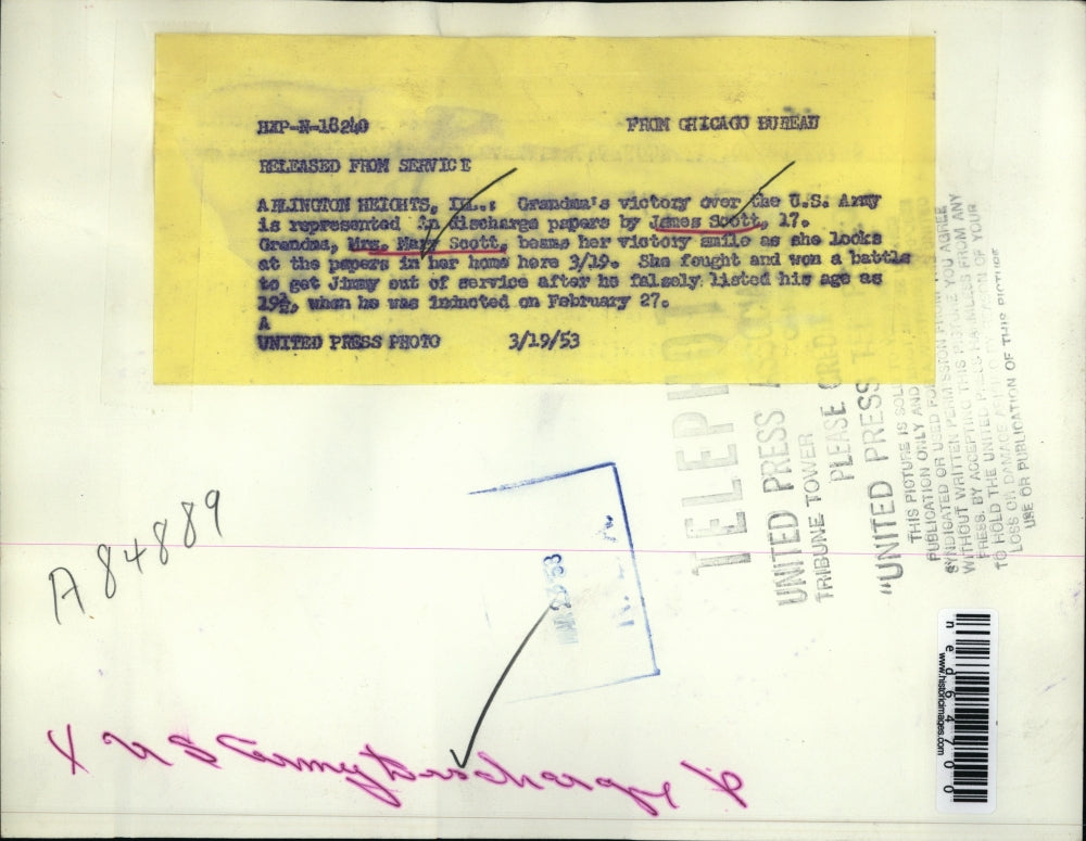 1953 Press Photo Arlington Heights Ill James Scott & grandma Mary Scott