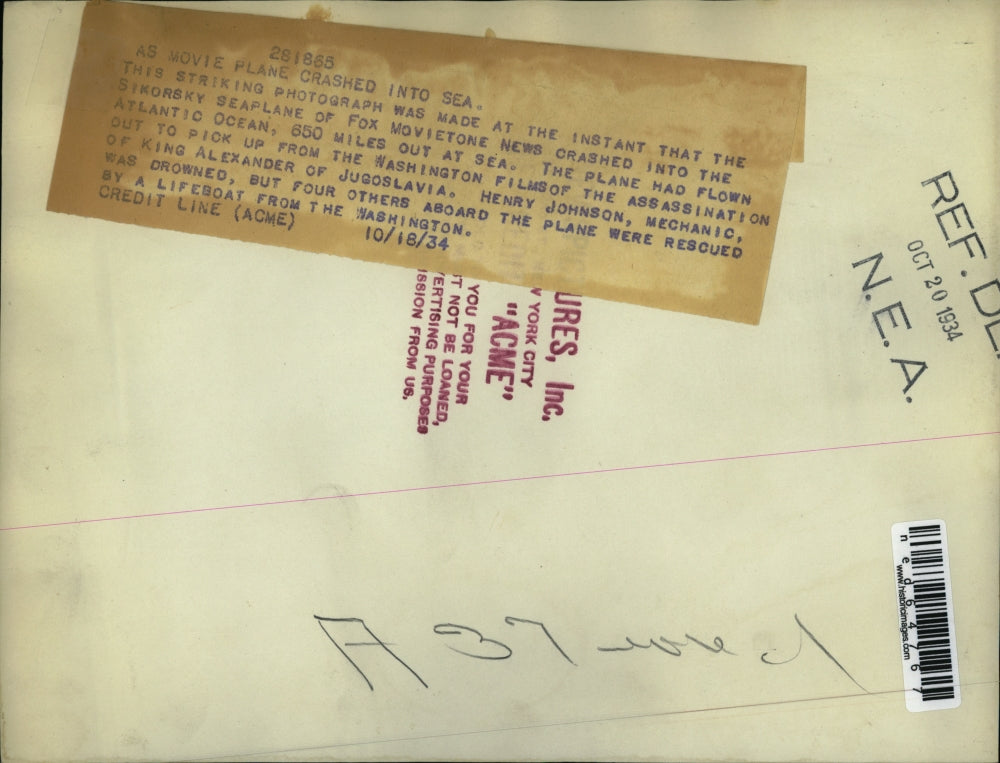 1934 Press Photo Movie Sikorsky plane crashes into ocean