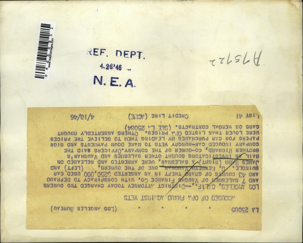 1946 Press Photo Kenneth Vaughan and James Babb accused of fraud against vets